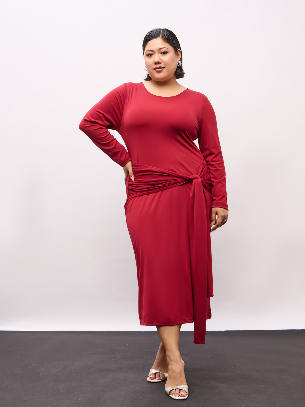 Maroon Front Tie-Knot Bodycon Midi Dress -SASSAFRAS Curve