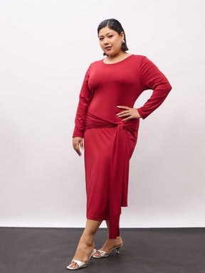 Maroon Front Tie-Knot Bodycon Midi Dress -SASSAFRAS Curve