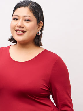 Maroon Front Tie-Knot Bodycon Midi Dress -SASSAFRAS Curve