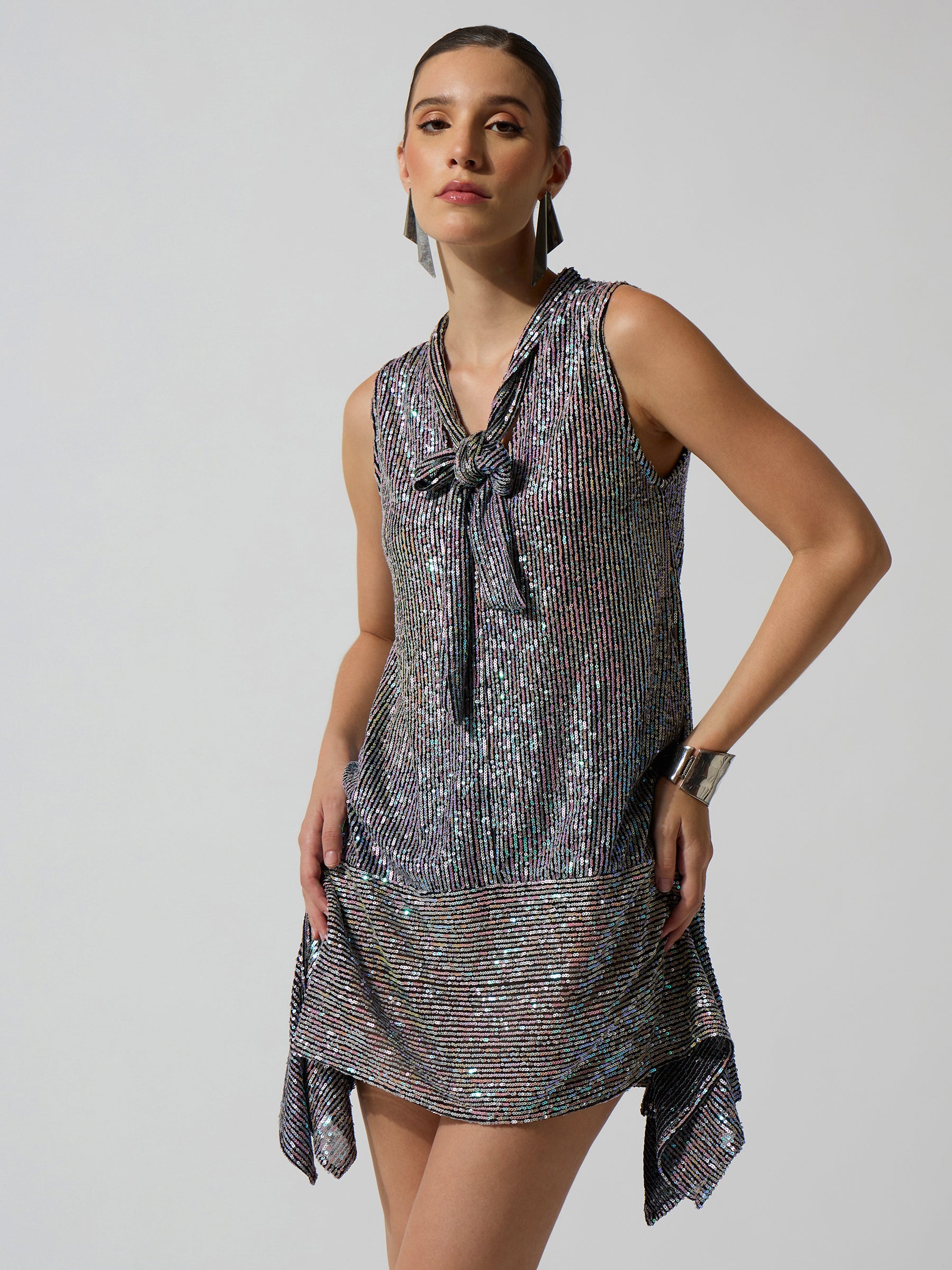 Silver Multicolor Sequence Asymmetrical Front Tie Short Dress-SASSAFRAS