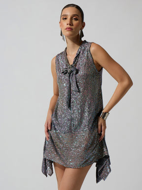 Silver Multicolor Sequence Asymmetrical Front Tie Short Dress-SASSAFRAS