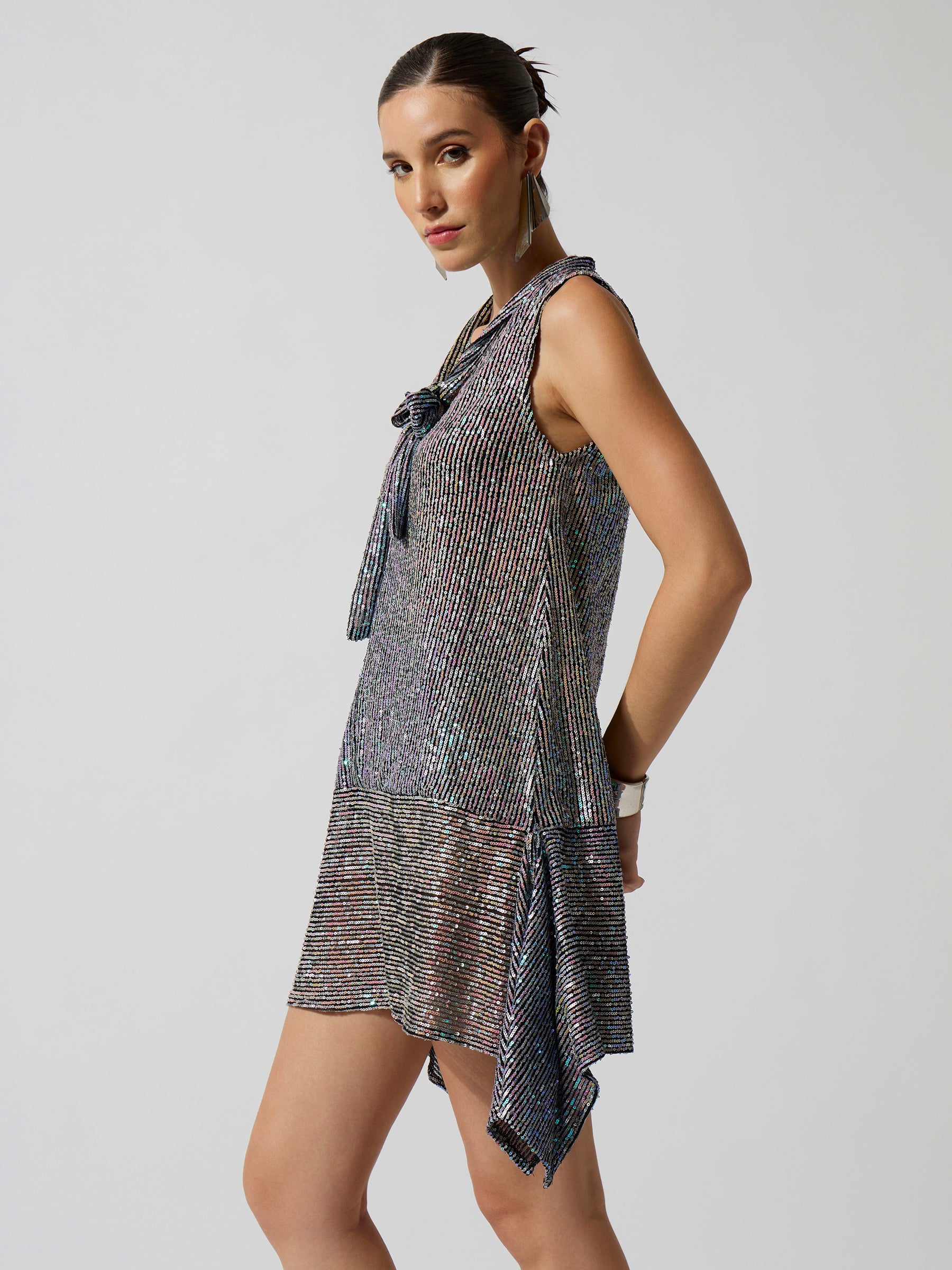 Silver Multicolor Sequence Asymmetrical Front Tie Short Dress-SASSAFRAS