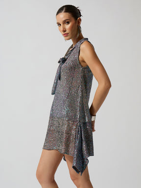 Silver Multicolor Sequence Asymmetrical Front Tie Short Dress-SASSAFRAS