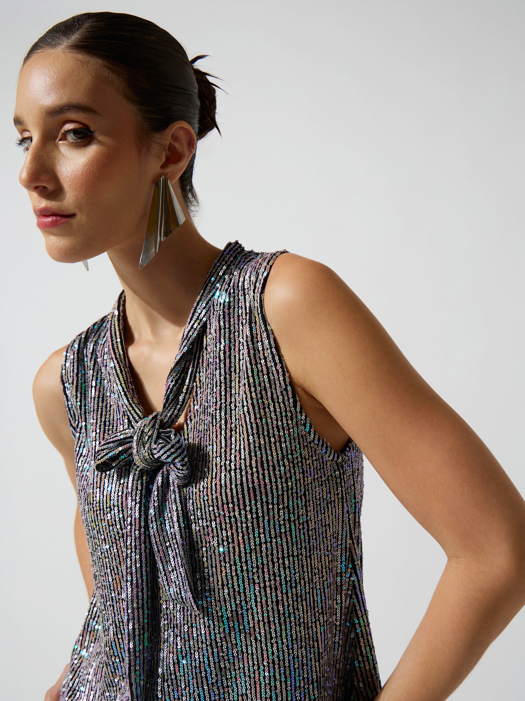 Silver Multicolor Sequence Asymmetrical Front Tie Short Dress-SASSAFRAS