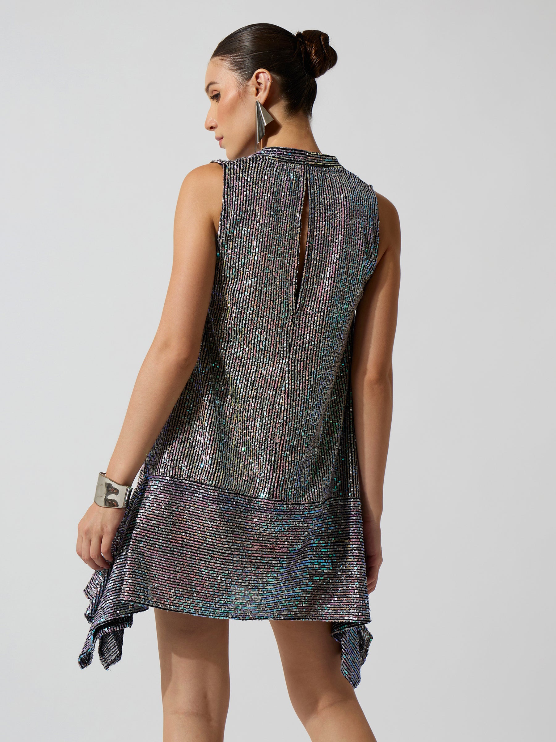 Silver Multicolor Sequence Asymmetrical Front Tie Short Dress-SASSAFRAS