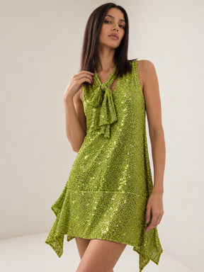 Green Sequence Asymmetrical Front Tie Short Dress-SASSAFRAS