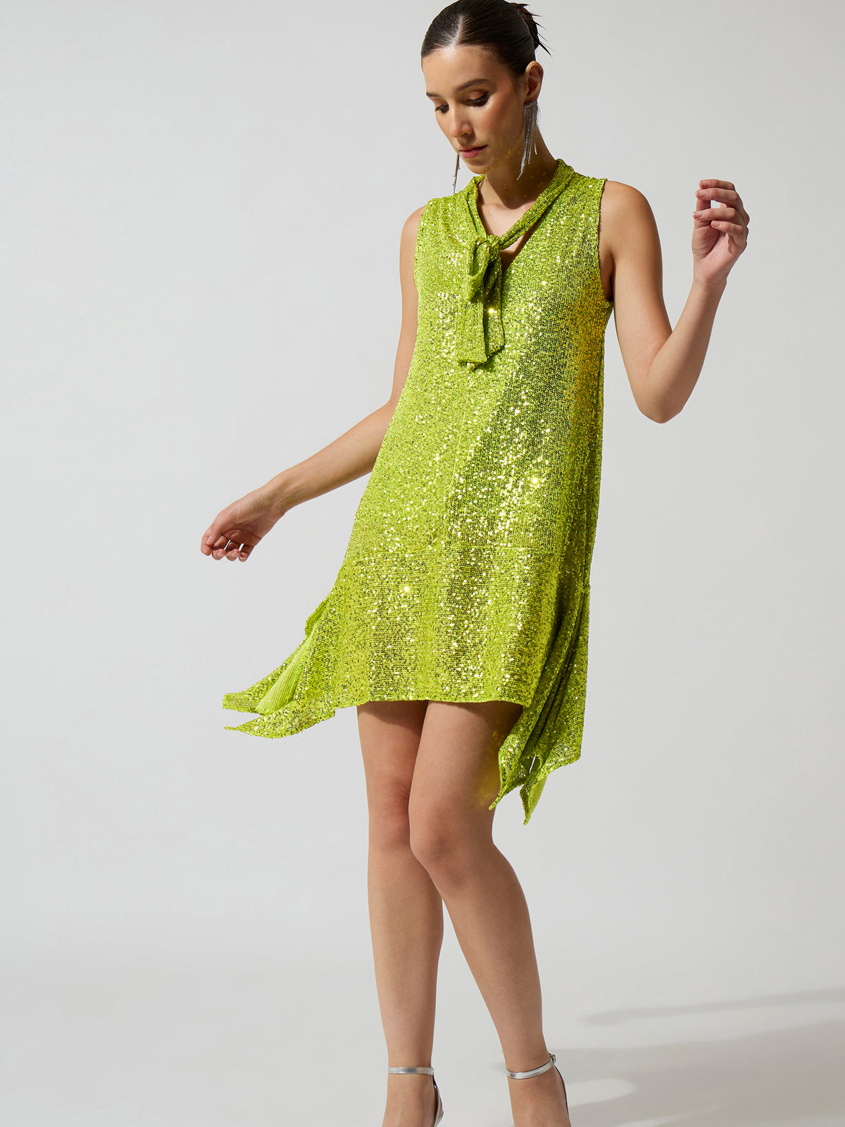 Green Sequence Asymmetrical Front Tie Short Dress-SASSAFRAS