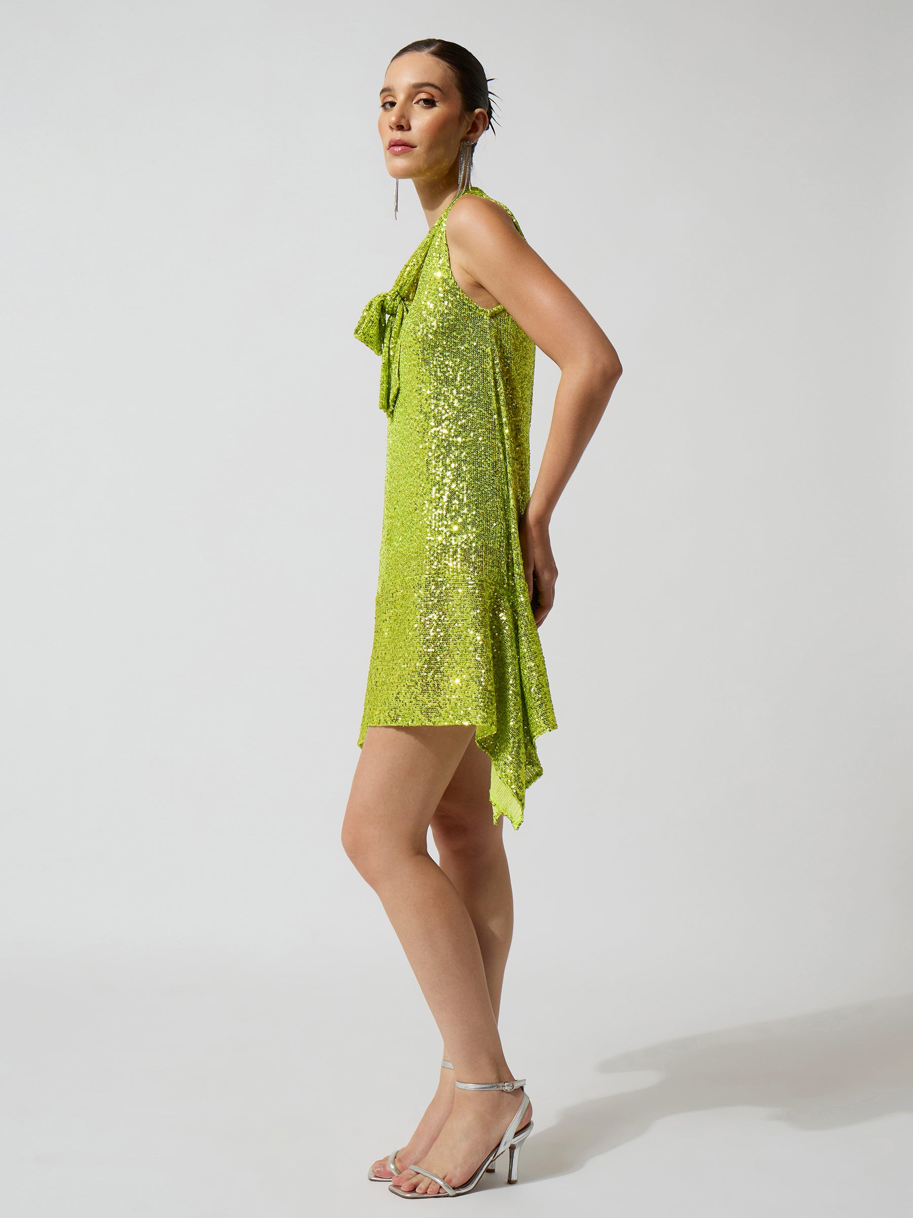 Green Sequence Asymmetrical Front Tie Short Dress-SASSAFRAS
