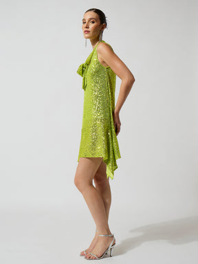 Green Sequence Asymmetrical Front Tie Short Dress-SASSAFRAS