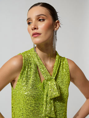 Green Sequence Asymmetrical Front Tie Short Dress-SASSAFRAS