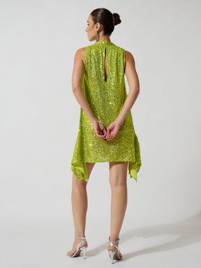 Green Sequence Asymmetrical Front Tie Short Dress-SASSAFRAS