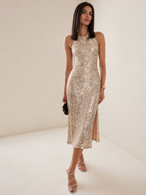 Silver Sequence Halter Neck Midi Dress-SASSAFRAS