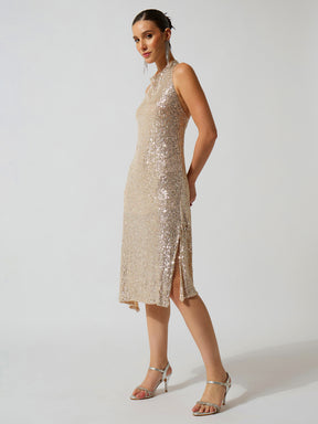Silver Sequence Halter Neck Midi Dress-SASSAFRAS