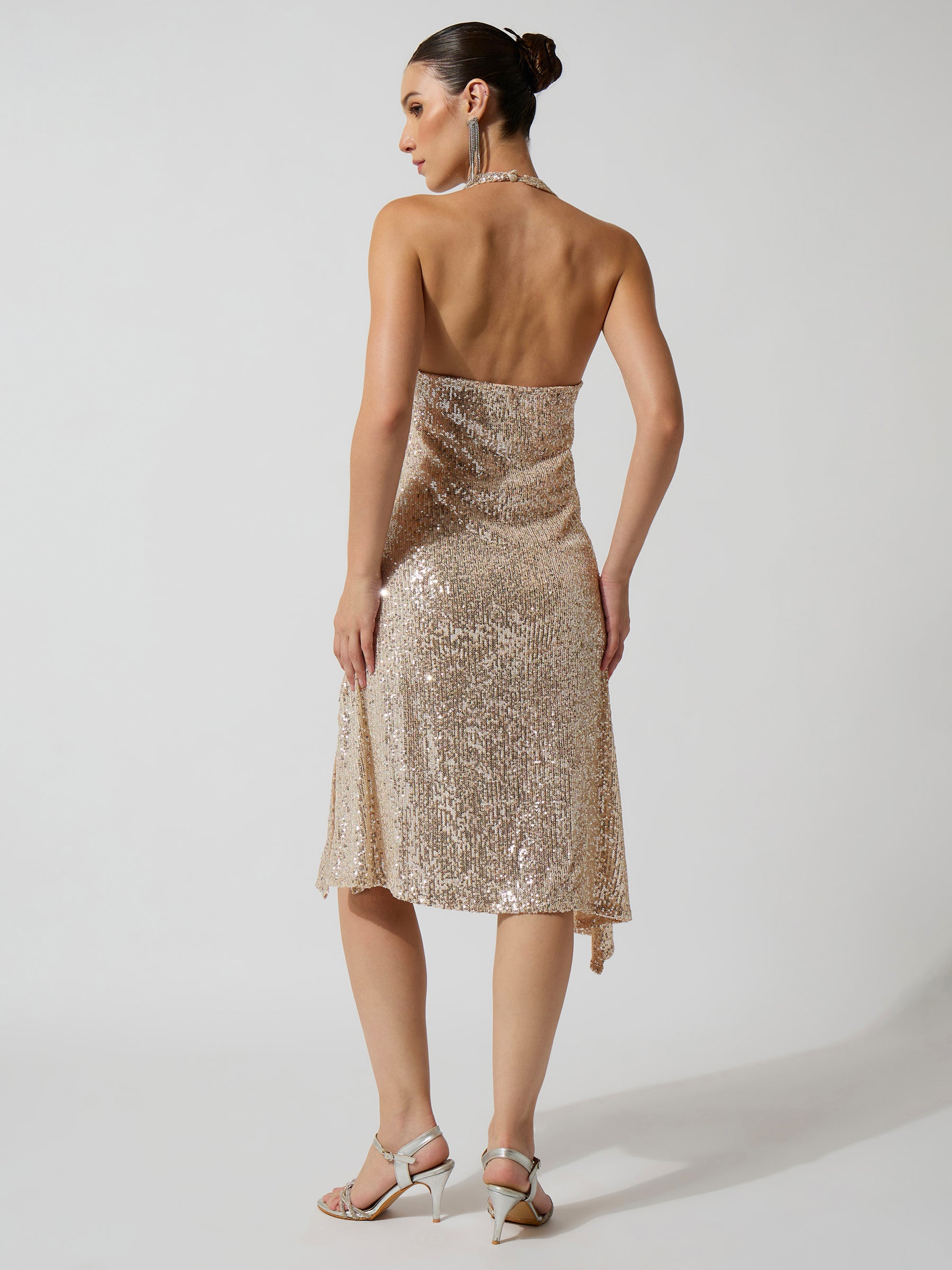 Silver Sequence Halter Neck Midi Dress-SASSAFRAS