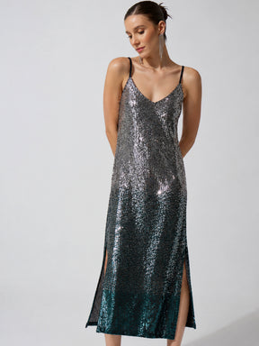 Teal Ombre Sequence Strappy Side Slit Midi Dress-SASSAFRAS