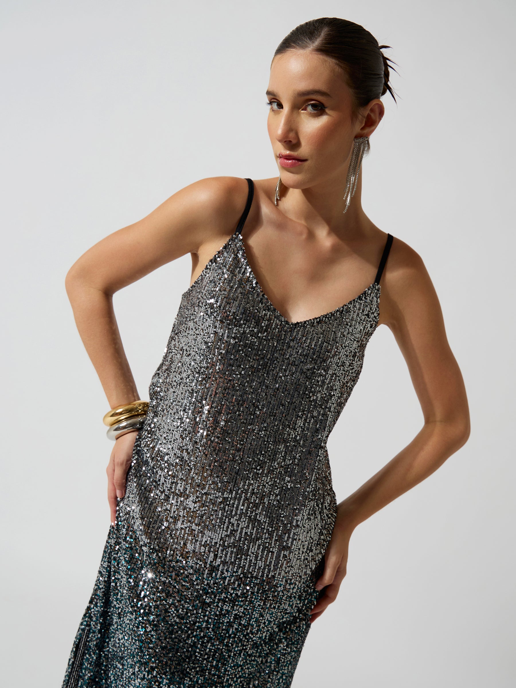 Teal Ombre Sequence Strappy Side Slit Midi Dress-SASSAFRAS