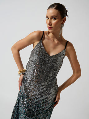 Teal Ombre Sequence Strappy Side Slit Midi Dress-SASSAFRAS