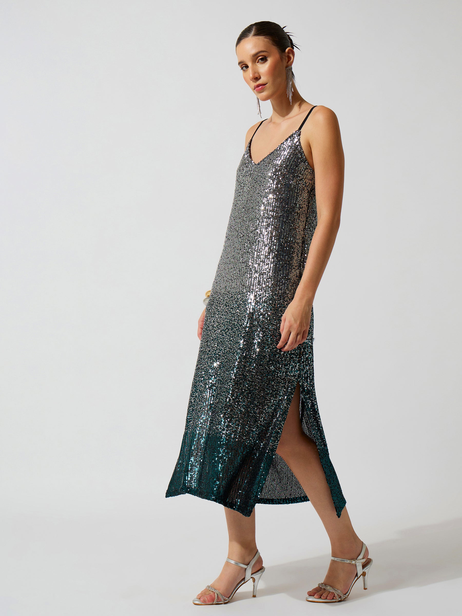 Teal Ombre Sequence Strappy Side Slit Midi Dress-SASSAFRAS