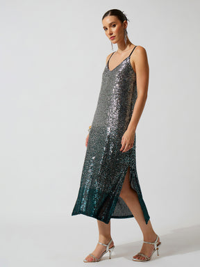 Teal Ombre Sequence Strappy Side Slit Midi Dress-SASSAFRAS