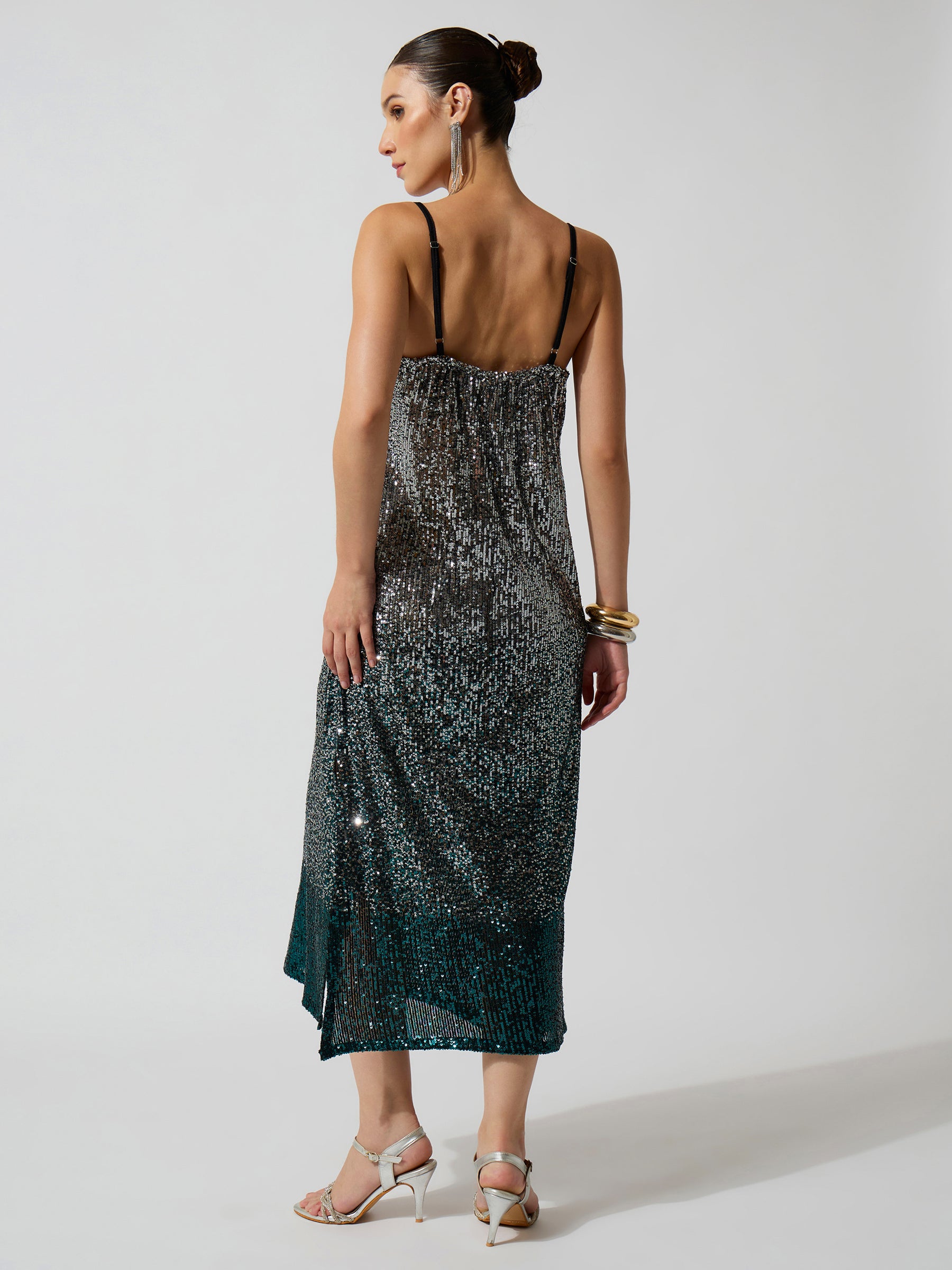 Teal Ombre Sequence Strappy Side Slit Midi Dress-SASSAFRAS