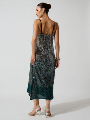 Teal Ombre Sequence Strappy Side Slit Midi Dress-SASSAFRAS