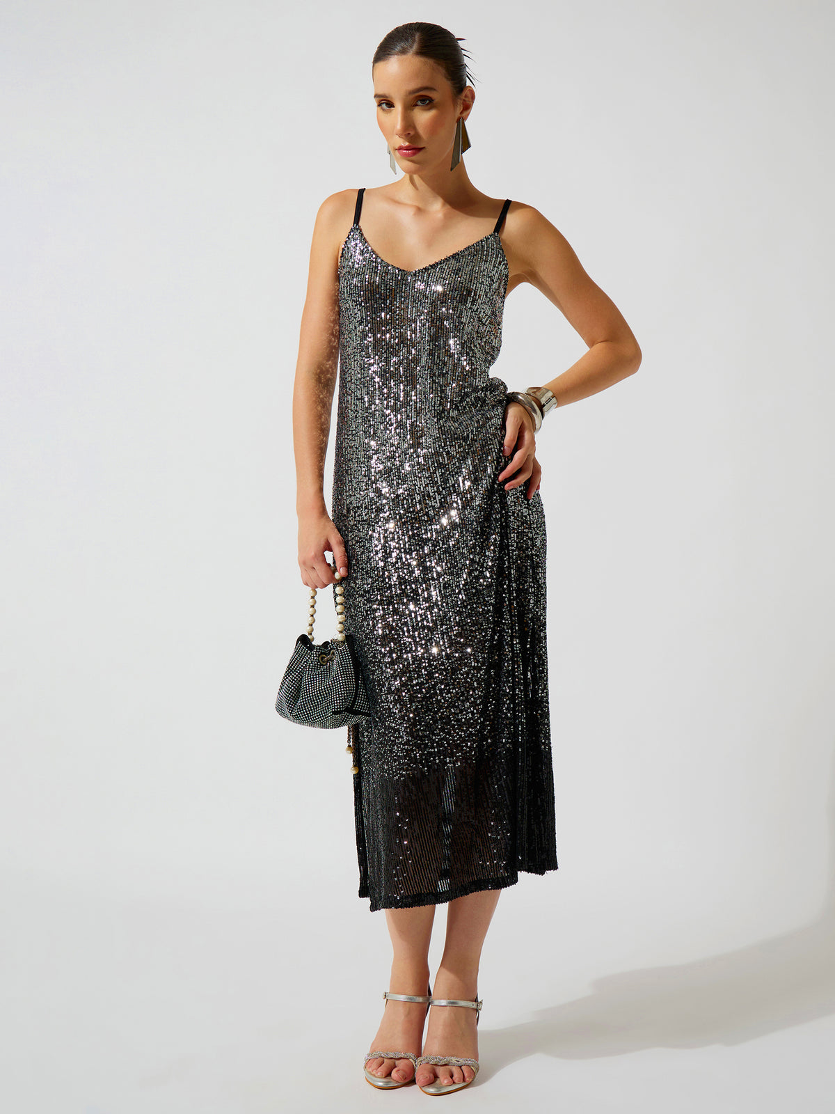 Black Ombre Sequence Strappy Side Slit Midi Dress-SASSAFRAS