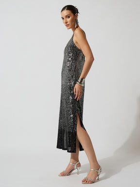 Black Ombre Sequence Strappy Side Slit Midi Dress-SASSAFRAS
