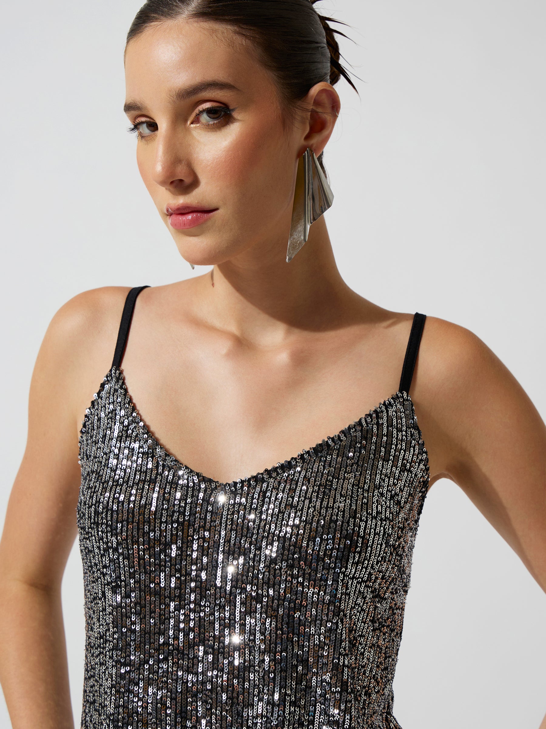 Black Ombre Sequence Strappy Side Slit Midi Dress-SASSAFRAS
