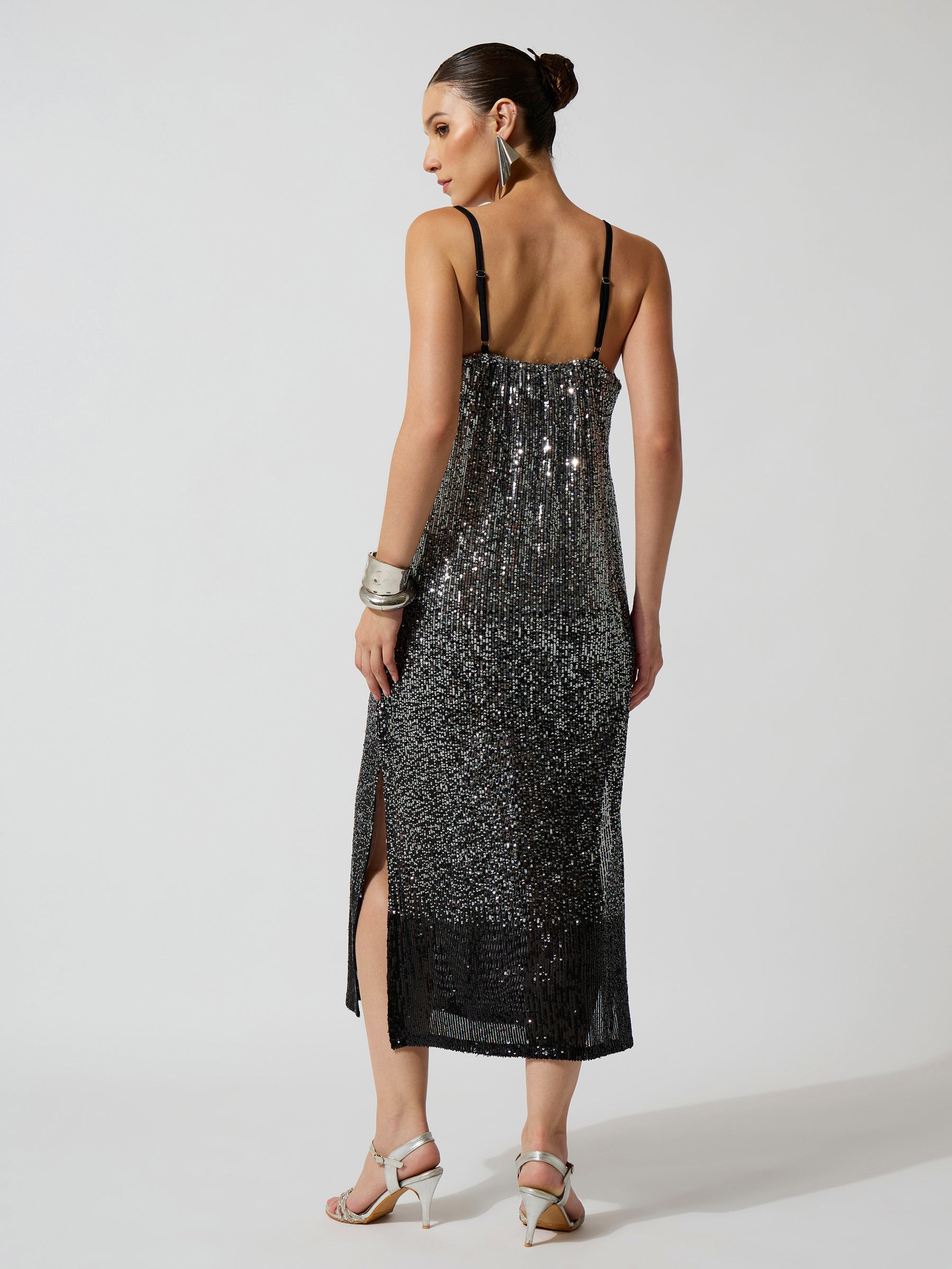 Black Ombre Sequence Strappy Side Slit Midi Dress-SASSAFRAS