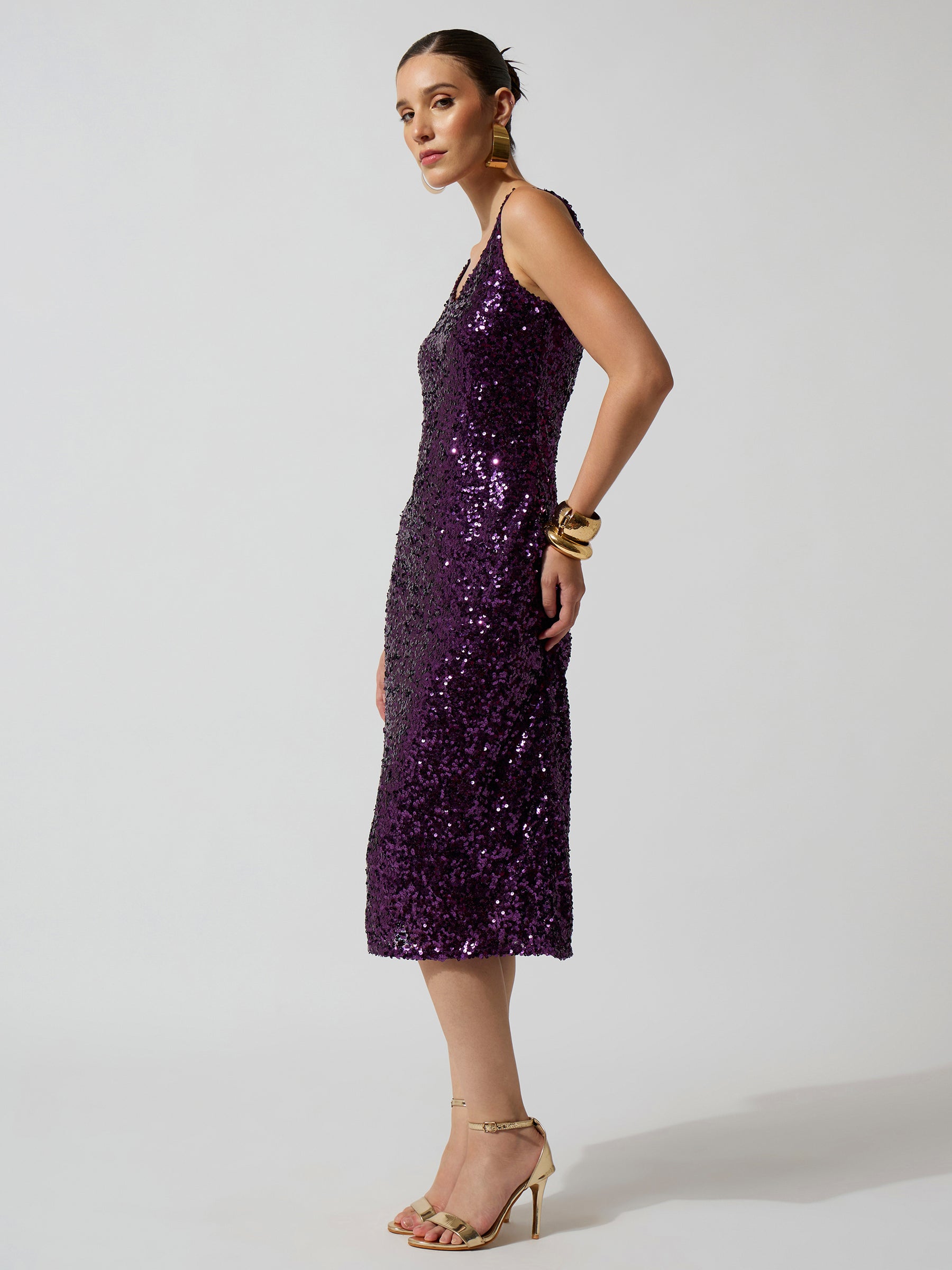 Purple Sequence Sweetheart Neck Midi Dress-SASSAFRAS