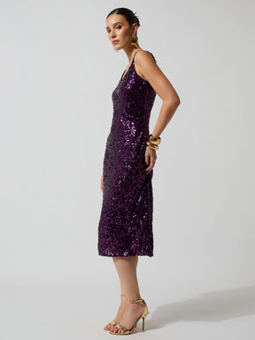 Purple Sequence Sweetheart Neck Midi Dress-SASSAFRAS