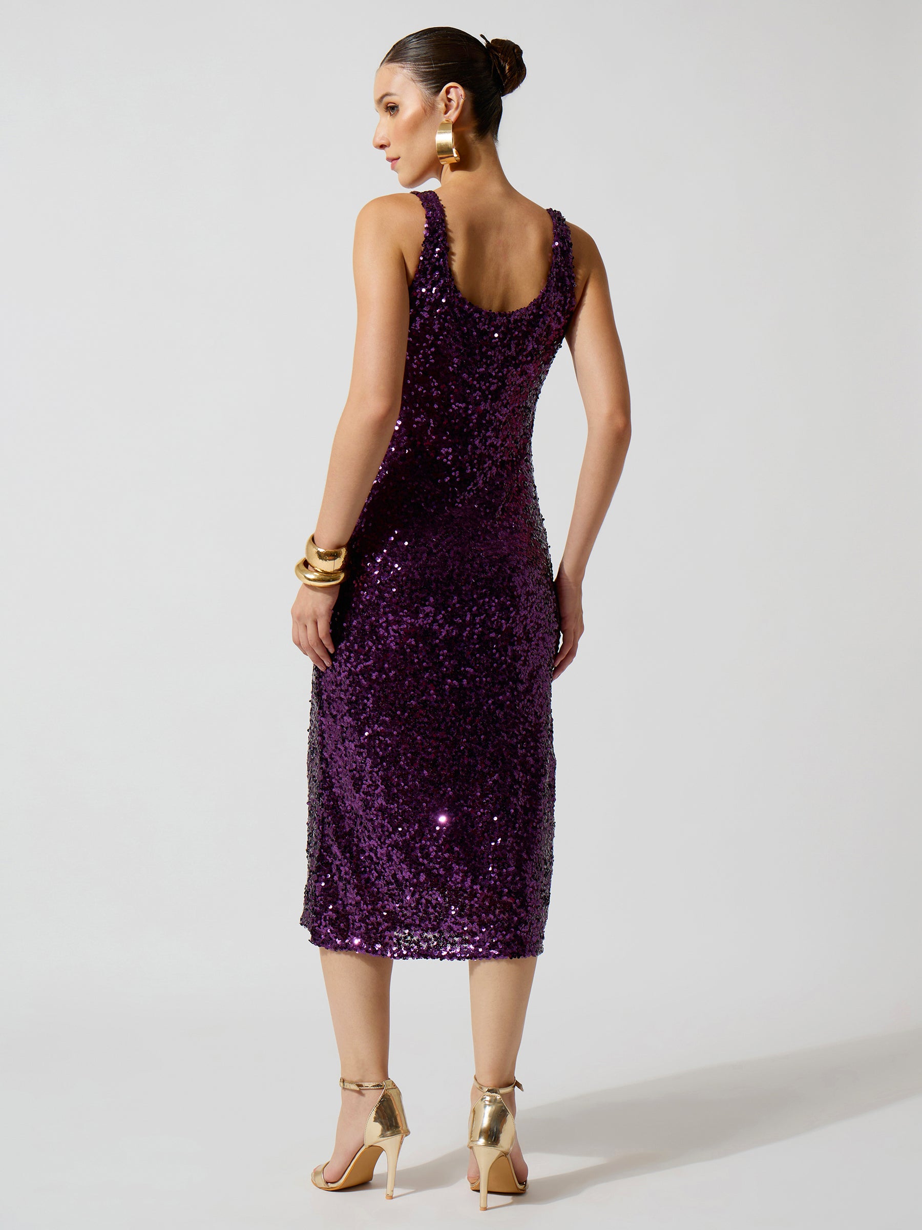 Purple Sequence Sweetheart Neck Midi Dress-SASSAFRAS