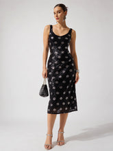 Black Polka Sequence Sweetheart Neck Midi Dress-SASSAFRAS