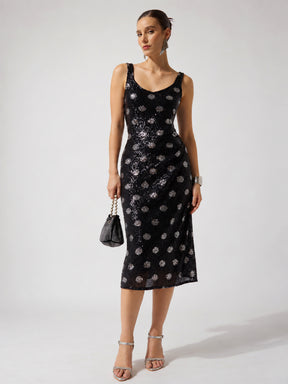 Black Polka Sequence Sweetheart Neck Midi Dress-SASSAFRAS
