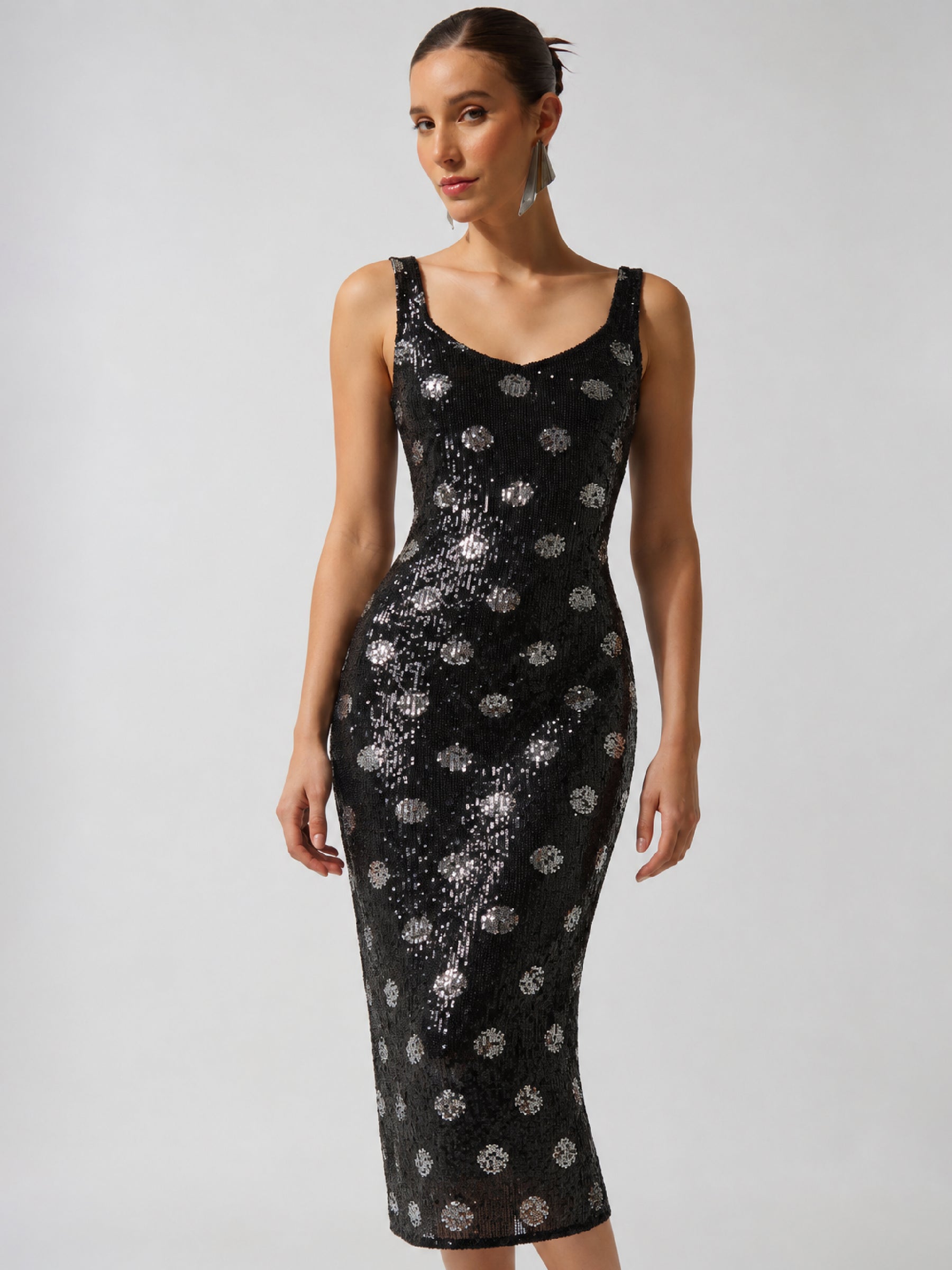 Black Polka Sequence Sweetheart Neck Midi Dress-SASSAFRAS