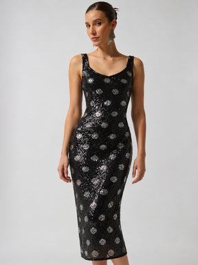 Black Polka Sequence Sweetheart Neck Midi Dress-SASSAFRAS