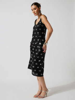 Black Polka Sequence Sweetheart Neck Midi Dress-SASSAFRAS