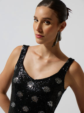 Black Polka Sequence Sweetheart Neck Midi Dress-SASSAFRAS