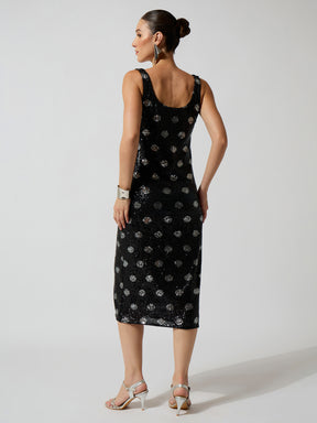 Black Polka Sequence Sweetheart Neck Midi Dress-SASSAFRAS
