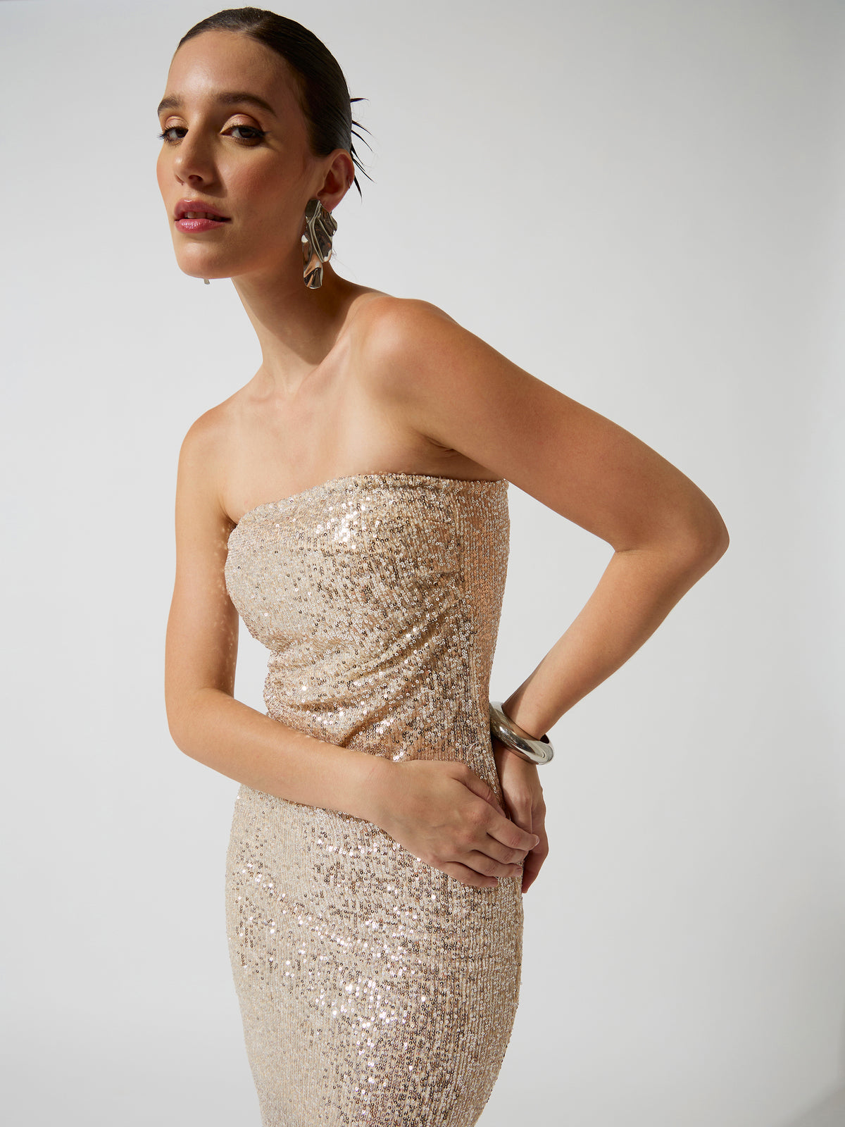 Silver Sequence Bodycon Tube Midi Dress-SASSAFRAS