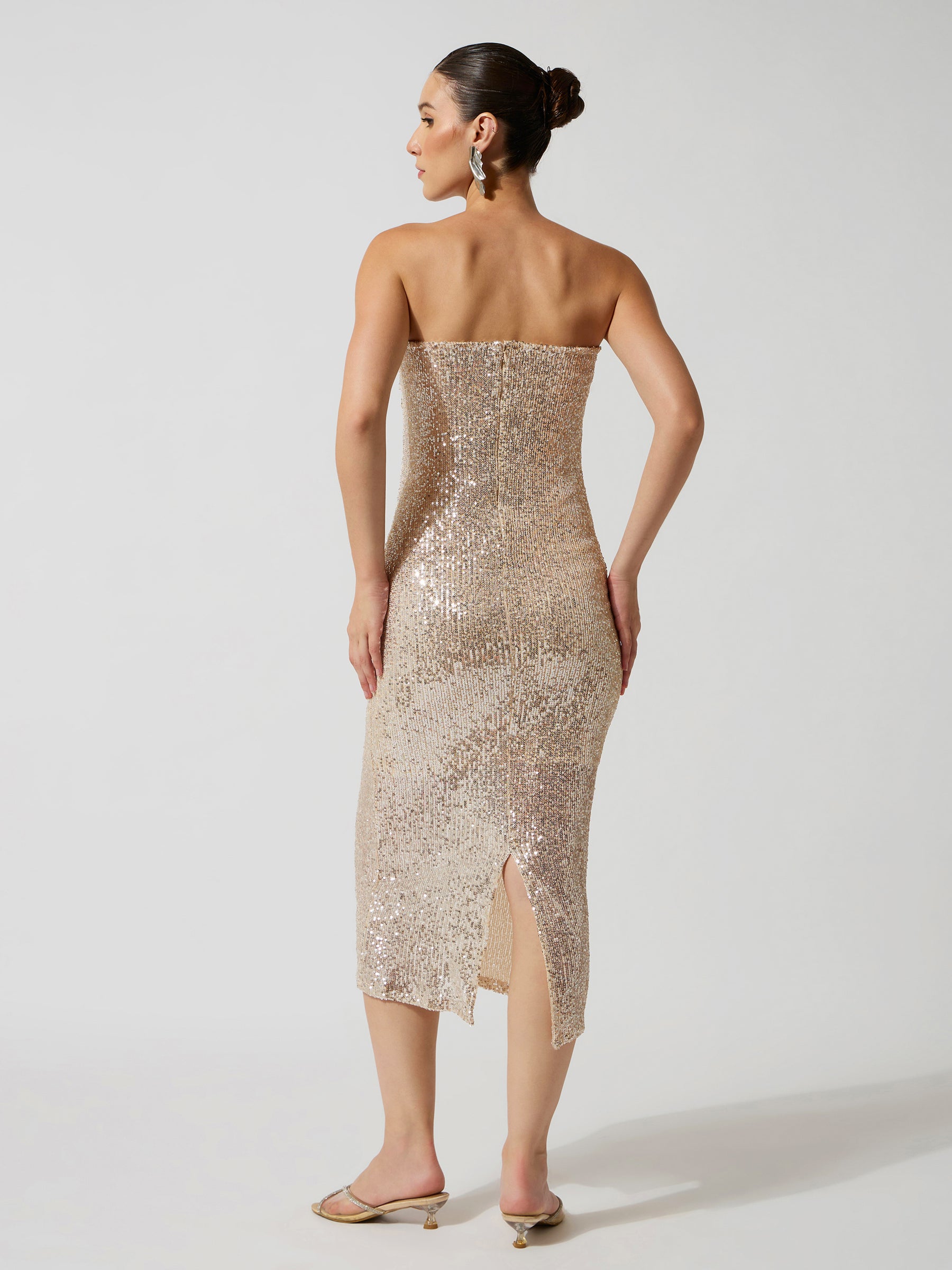 Silver Sequence Bodycon Tube Midi Dress-SASSAFRAS