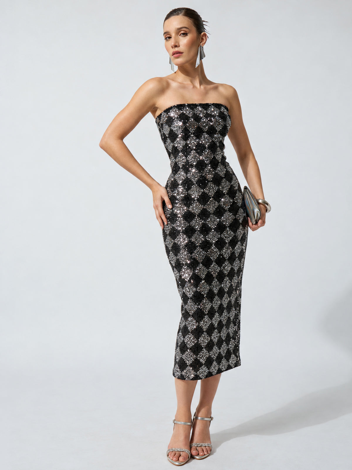 Black Sequence Bodycon Tube Midi Dress-SASSAFRAS