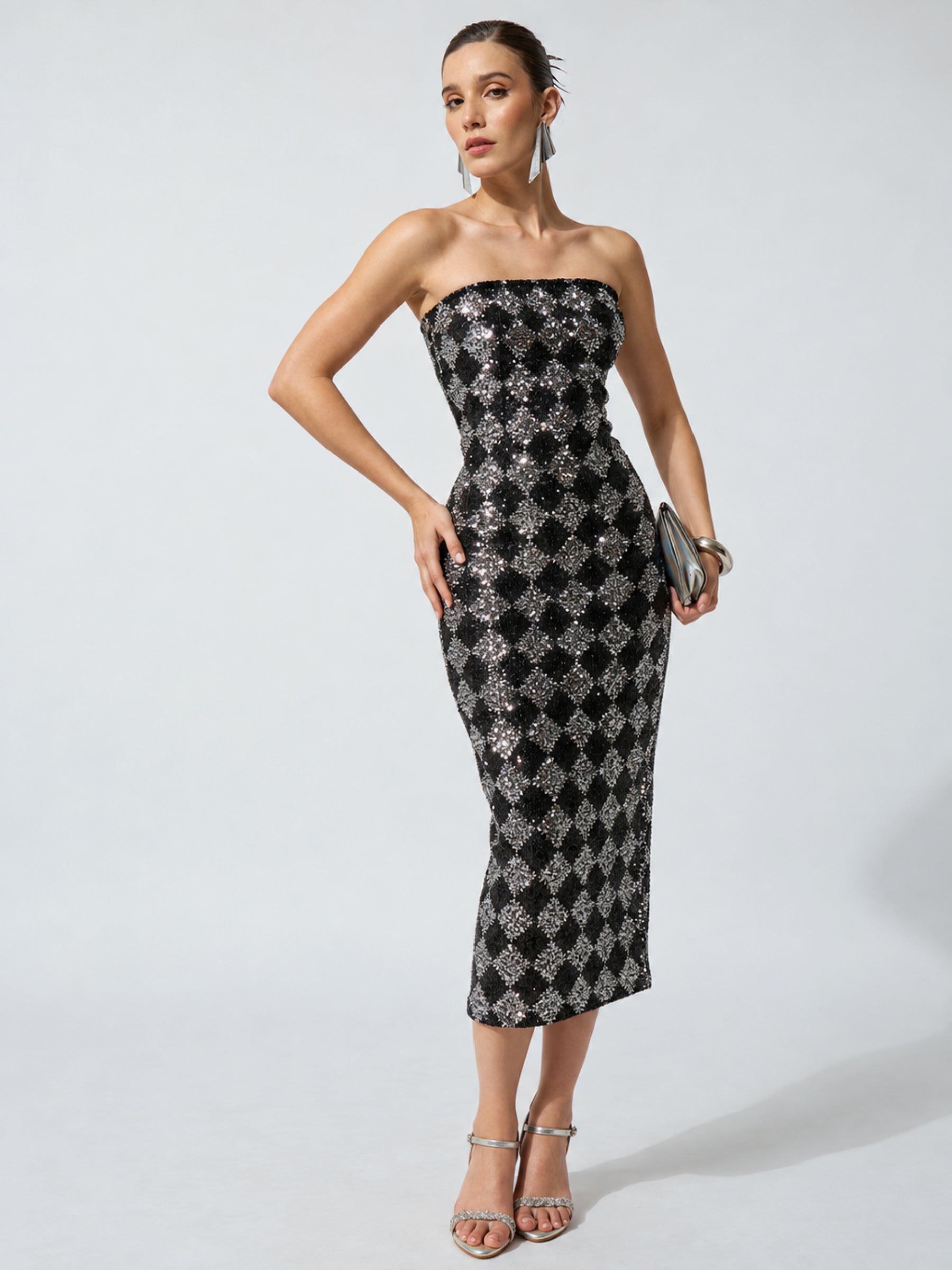 Black Sequence Bodycon Tube Midi Dress-SASSAFRAS