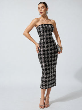 Black Sequence Bodycon Tube Midi Dress-SASSAFRAS