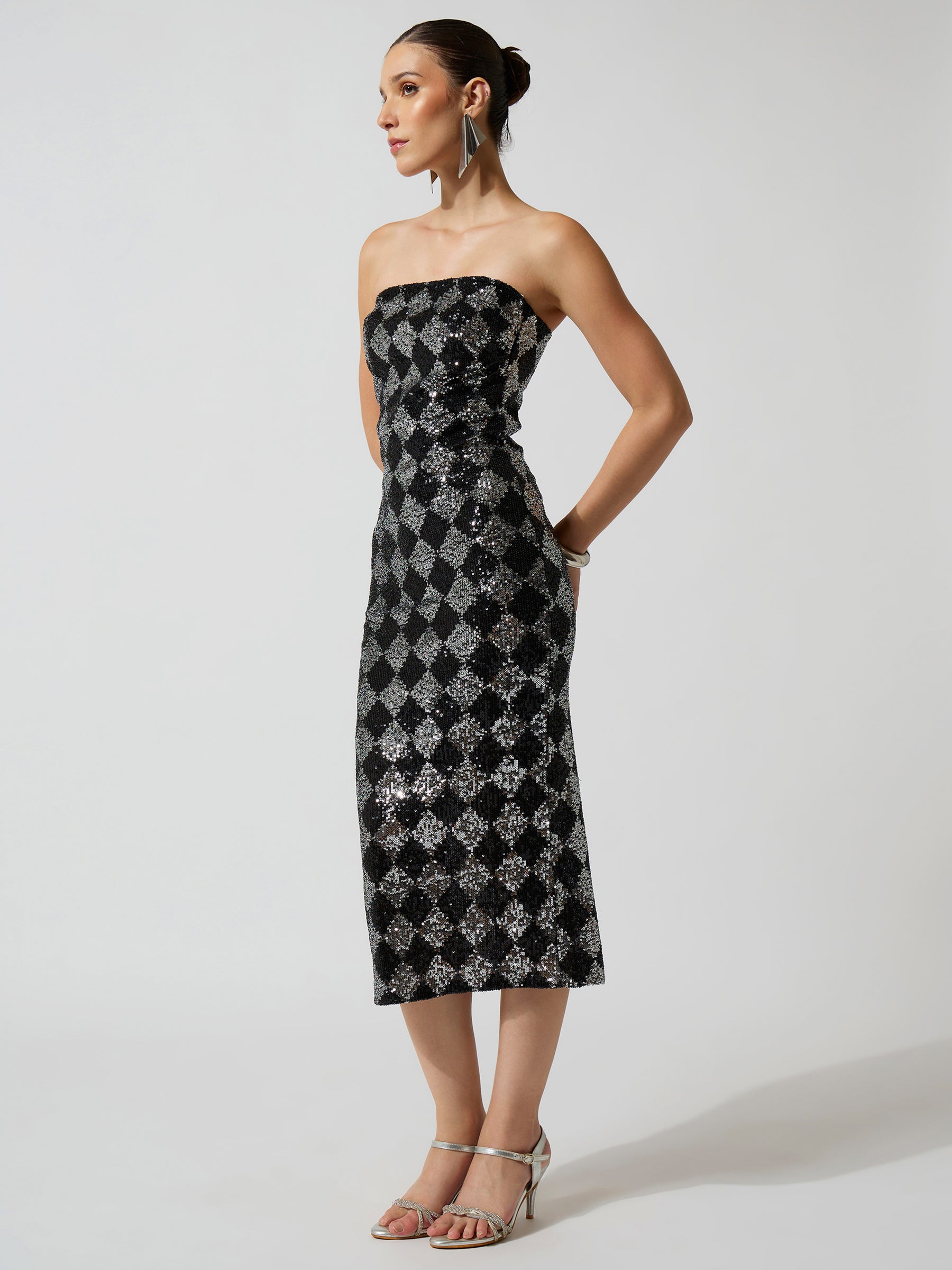 Black Sequence Bodycon Tube Midi Dress-SASSAFRAS
