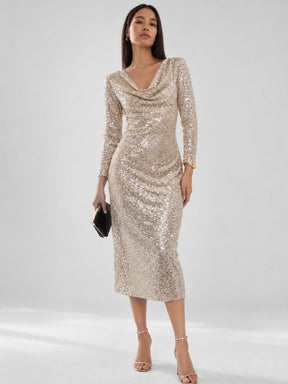 Silver Sequence Cowl Neck Midi Dress-SASSAFRAS