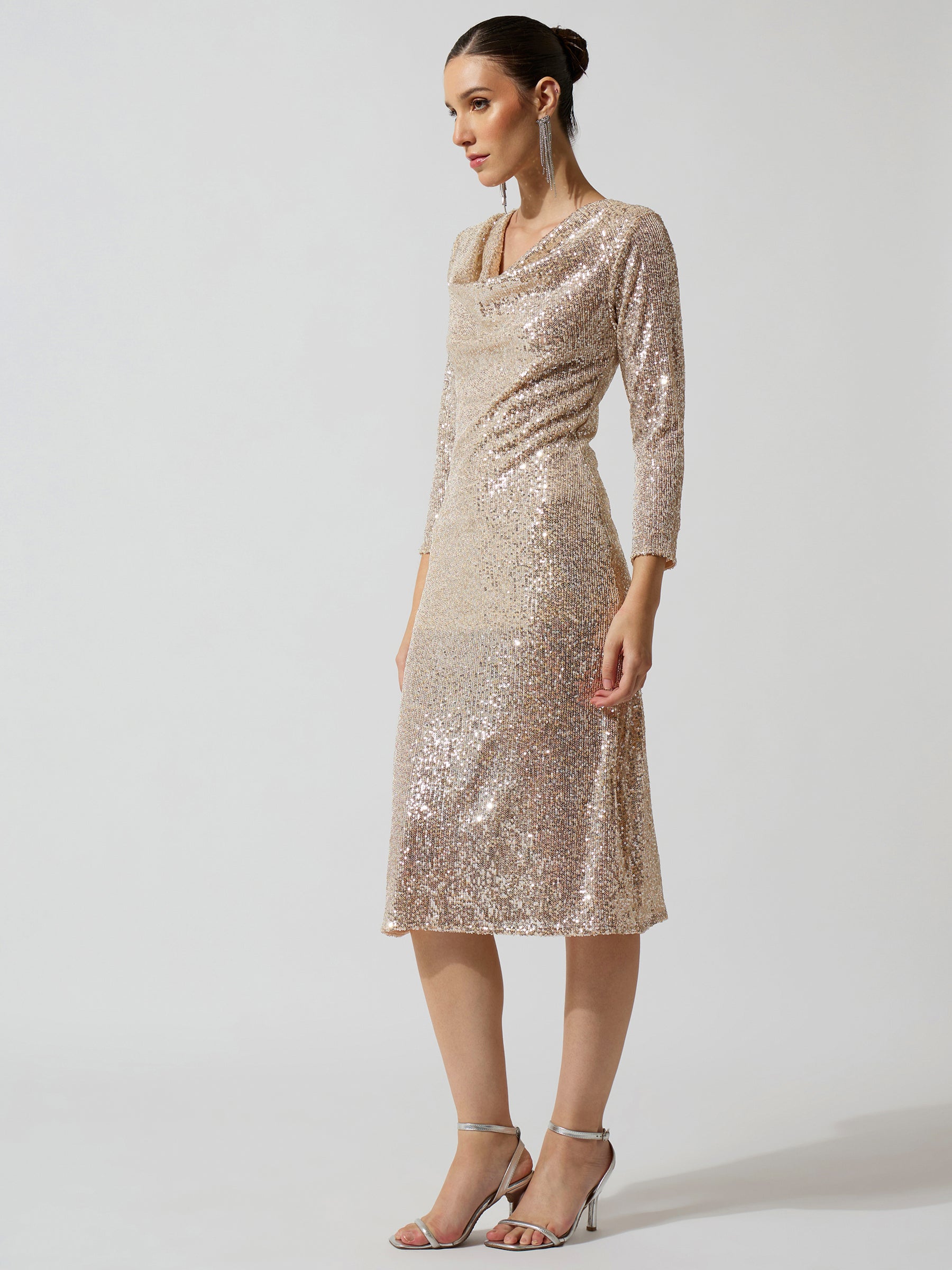 Silver Sequence Cowl Neck Midi Dress-SASSAFRAS