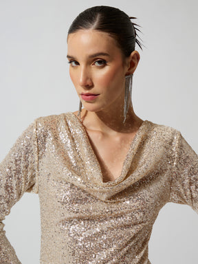 Silver Sequence Cowl Neck Midi Dress-SASSAFRAS