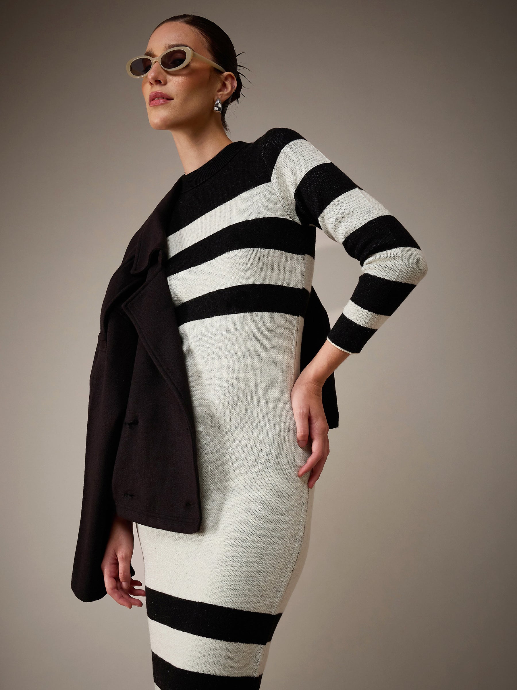 Off-White & Black Acrylic Wool High Neck Jumper Dress-SASSAFRAS
