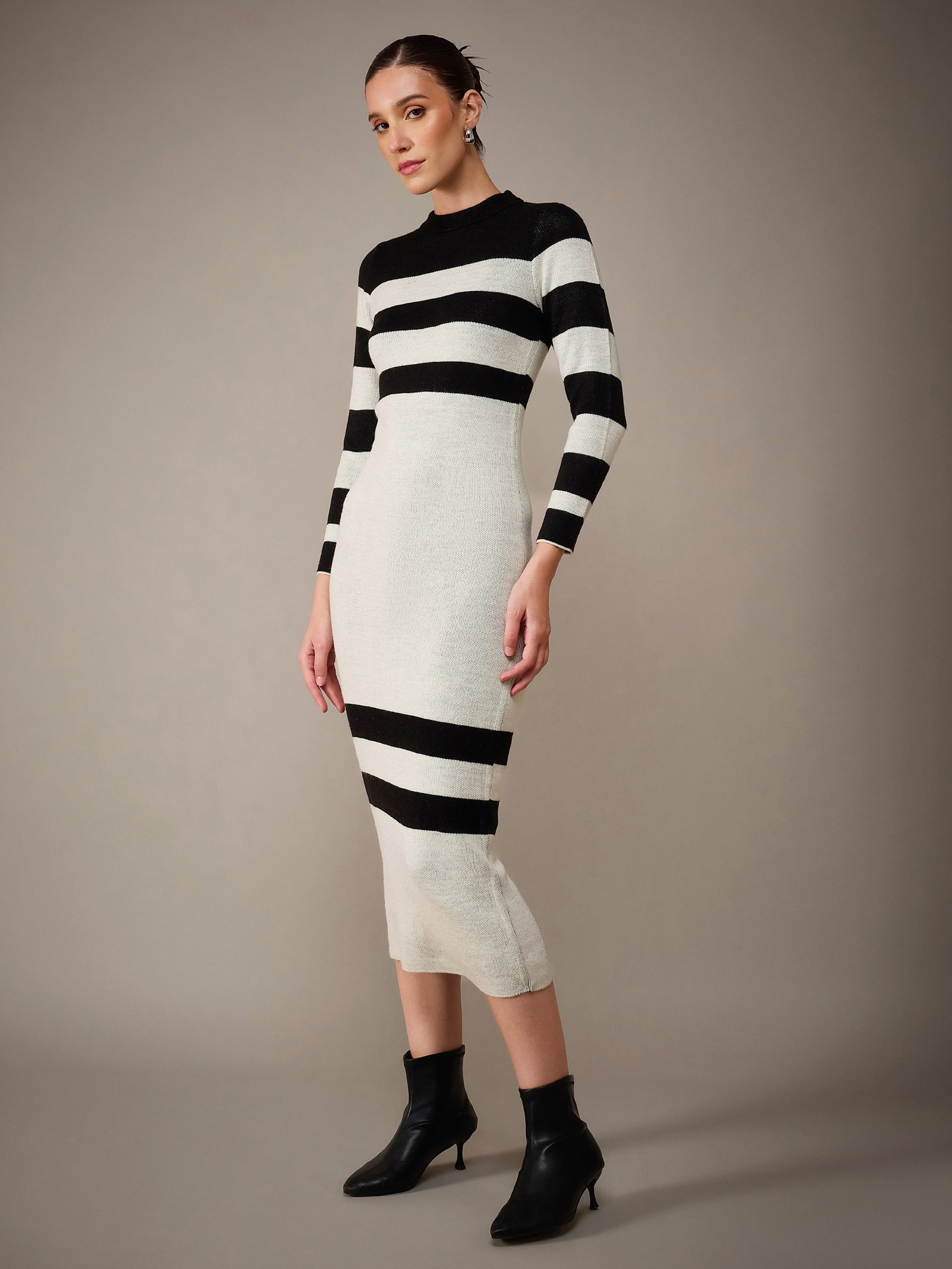 Off-White & Black Acrylic Wool High Neck Jumper Dress-SASSAFRAS